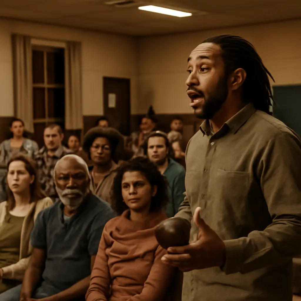 Community advocate speaking at a public town hall meeting about social inequality