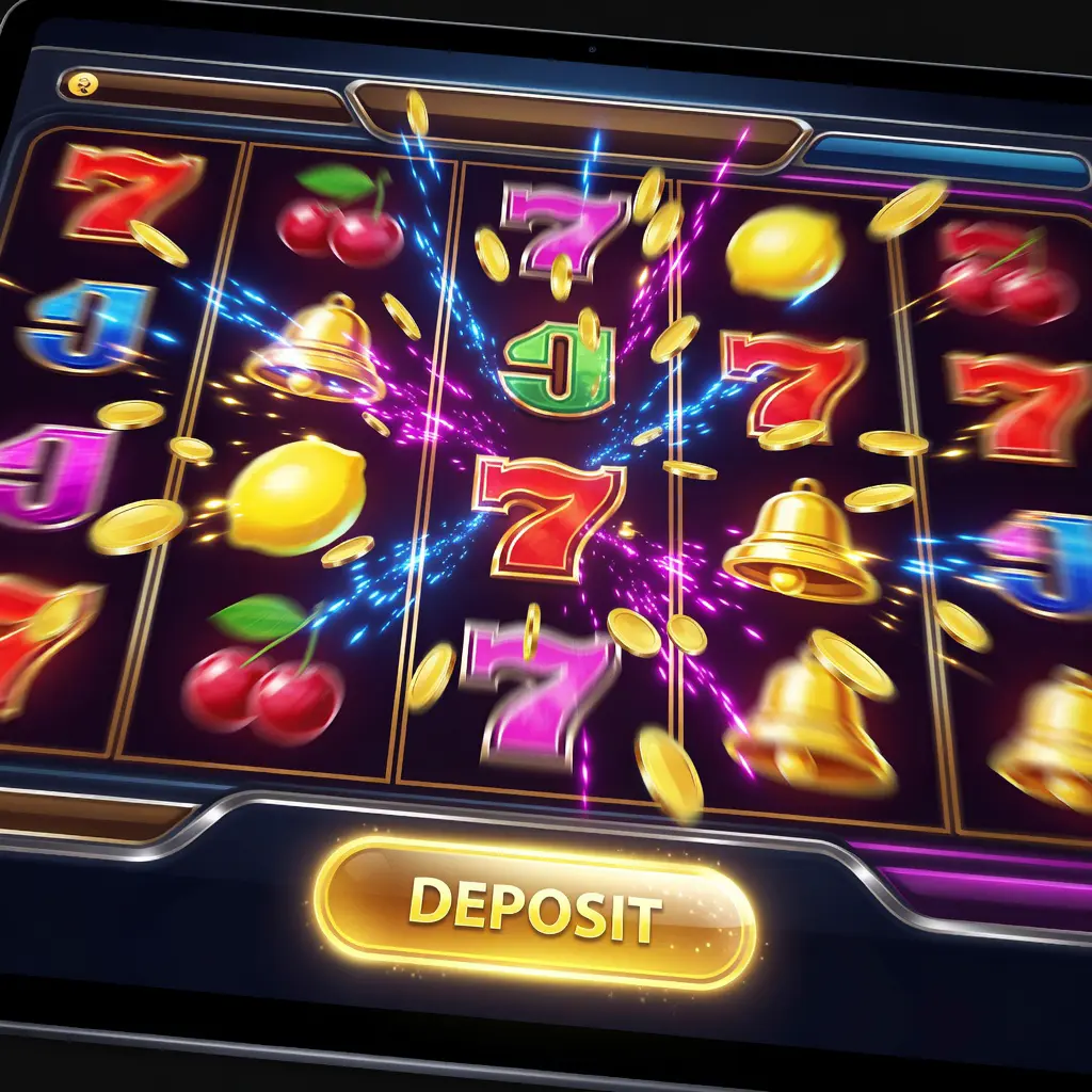 Close-up of a tablet screen displaying a slot game with flashing lights, large win animations, and a prominently placed deposit button