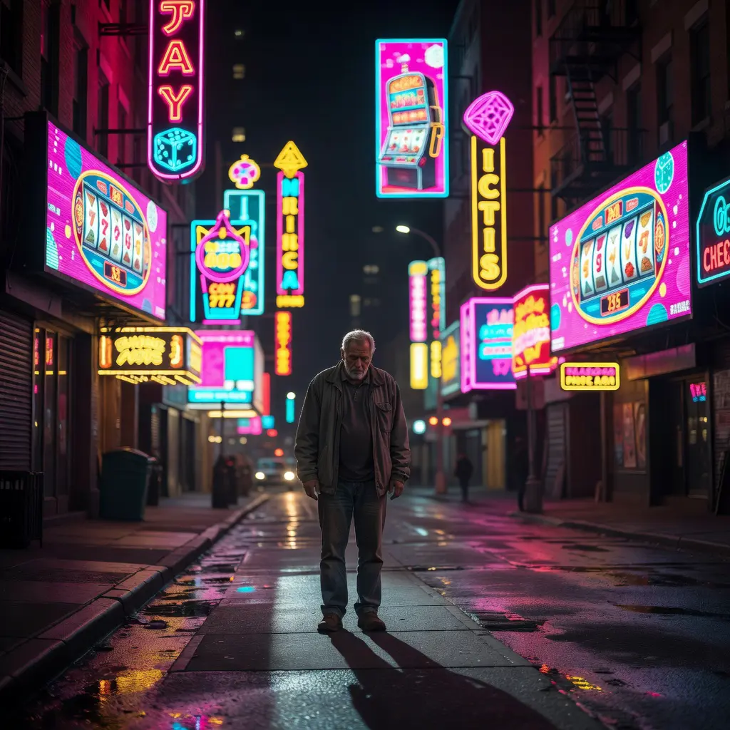 Casino marketing targeting vulnerable individuals Visual metaphor of bright casino neon advertisements overwhelming a stressed individual on a dark urban street, representing how aggressive gambling marketing targets vulnerable people