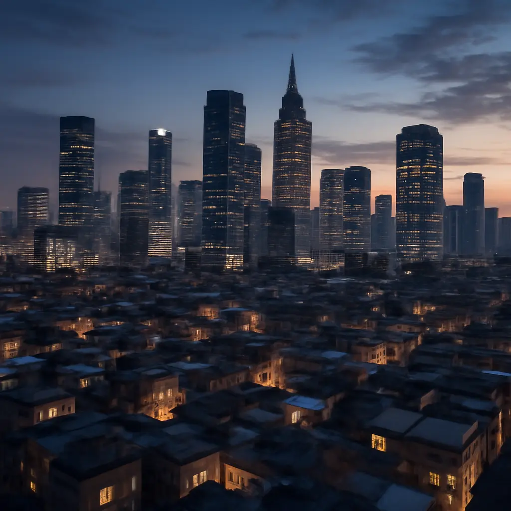 Urban skyline with mixed housing and transit for policy context