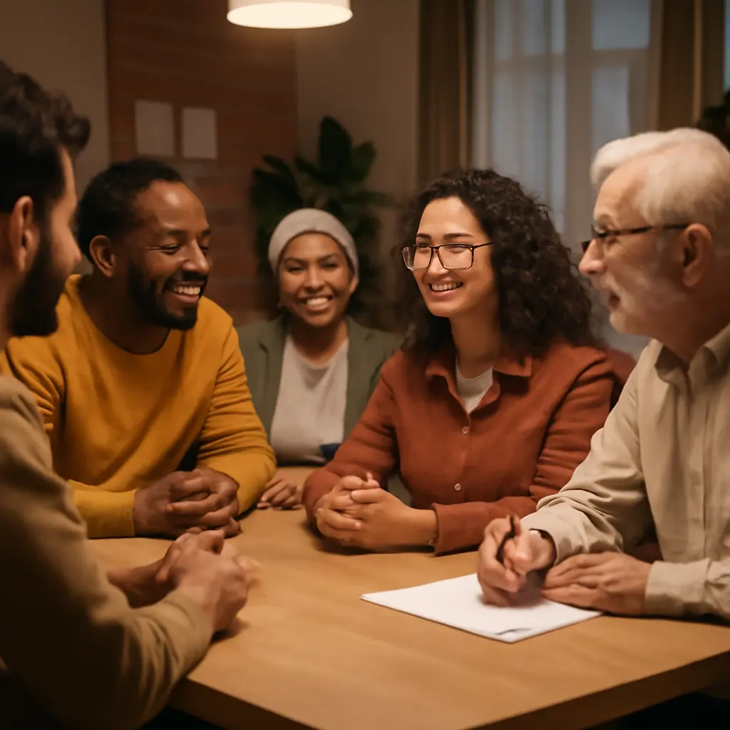 Diverse community members sitting in a circle discussing inclusion