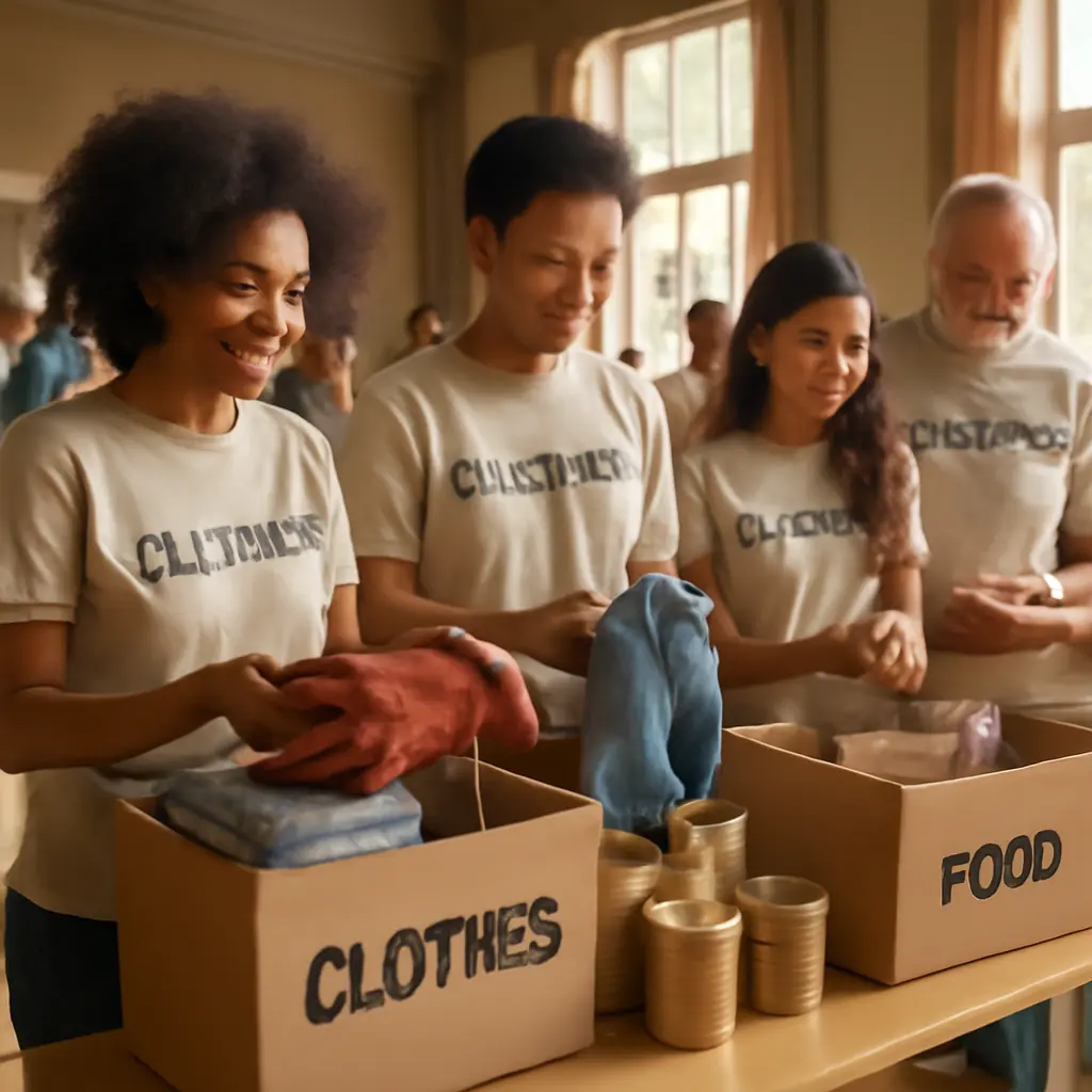 Volunteers sorting donated goods at a community center