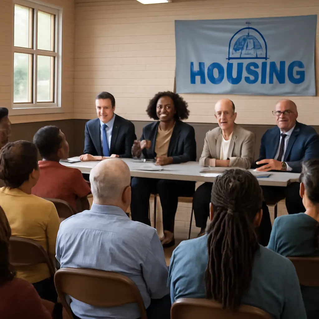 Community meeting with diverse residents discussing housing and social policy