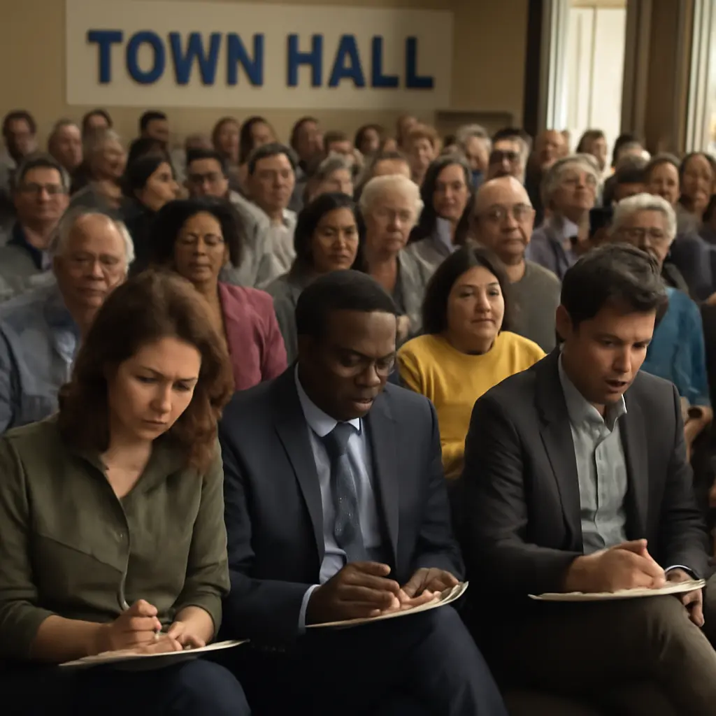 A community town hall covered by local journalists with a diverse audience