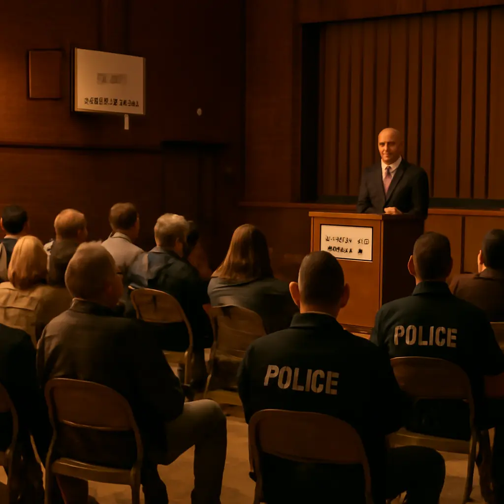 Community meeting between residents and police in a town hall setting