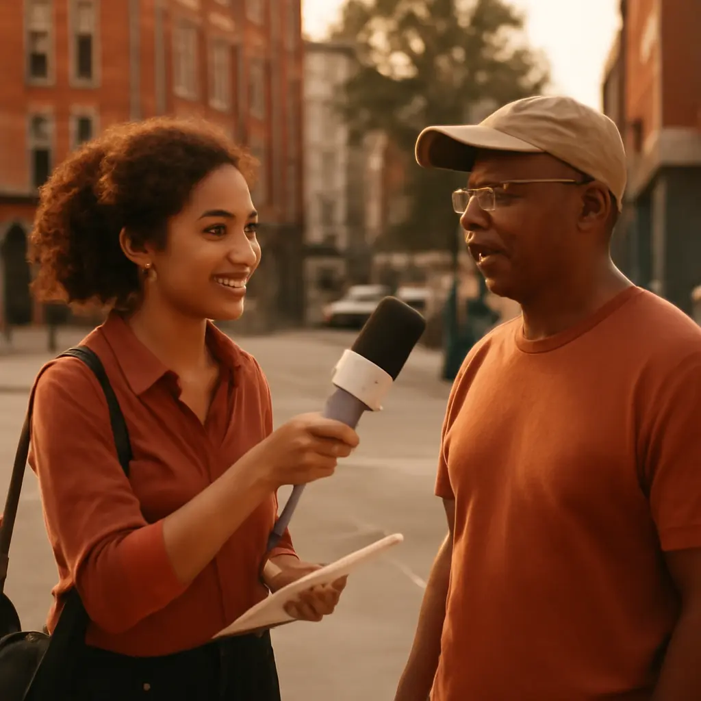 Local reporter interviewing a community member about housing and services