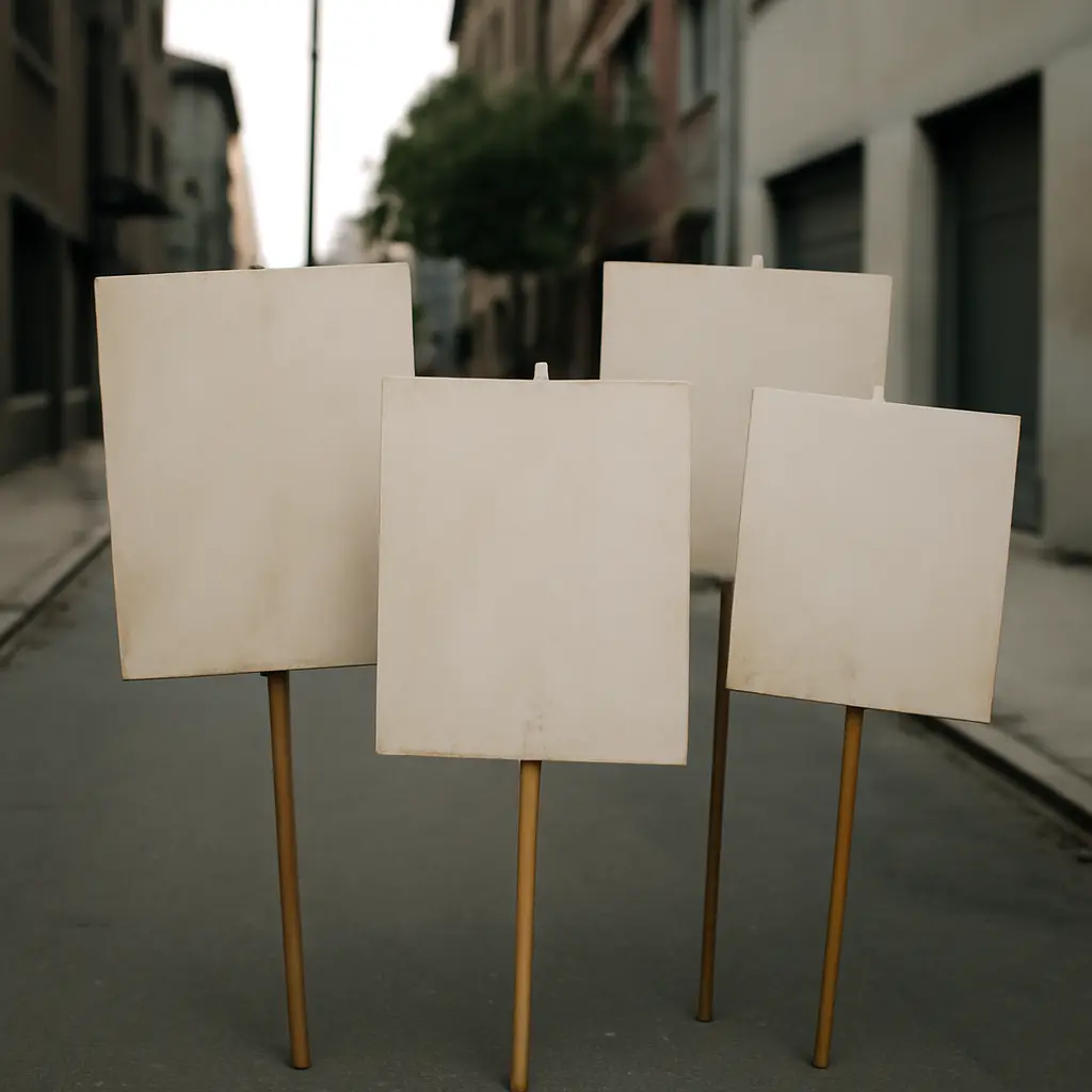 Protesters with blank signs representing stalled momentum