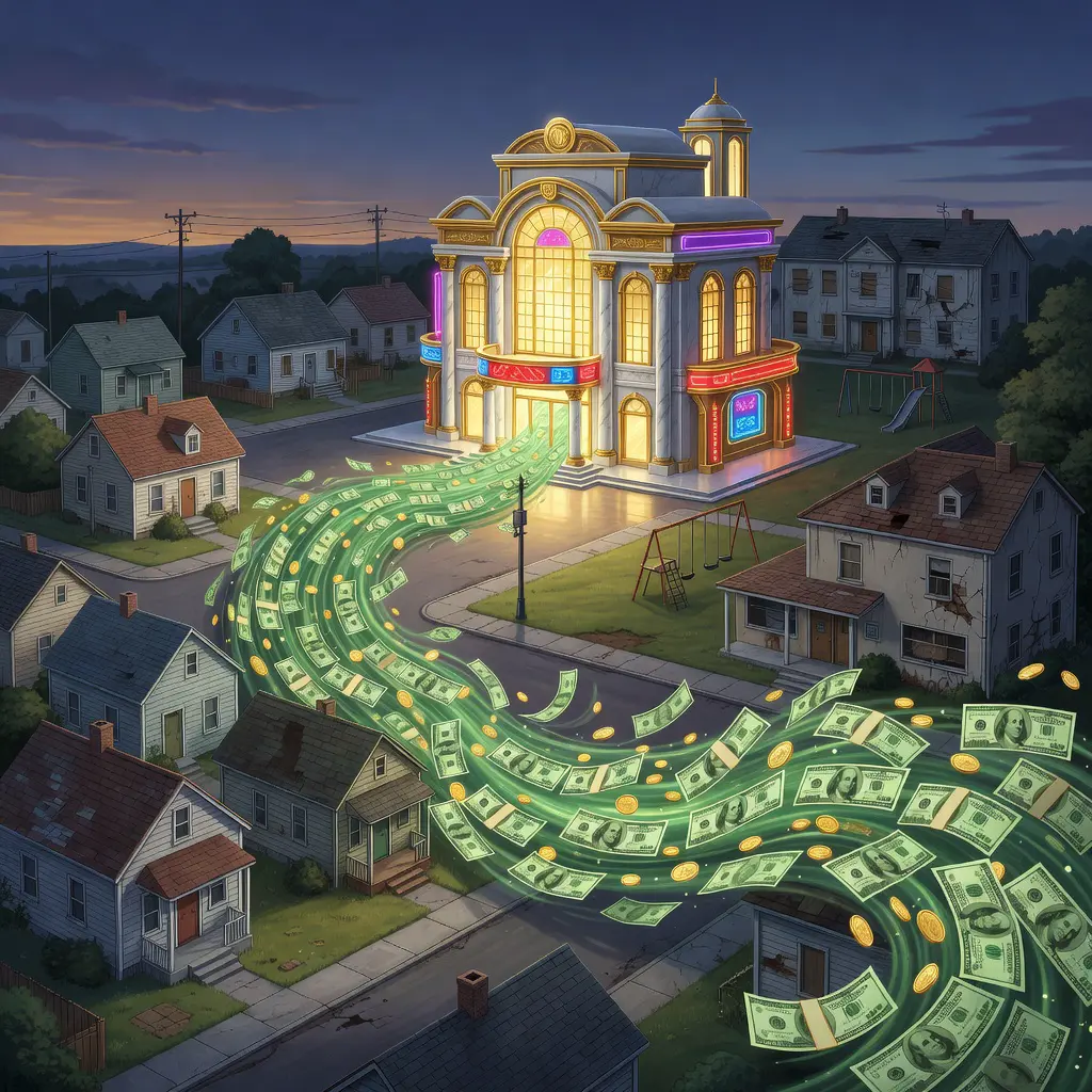 Gambling economic drain community impact Conceptual illustration showing household income being absorbed by a casino while surrounding community services like schools and hospitals are left underfunded