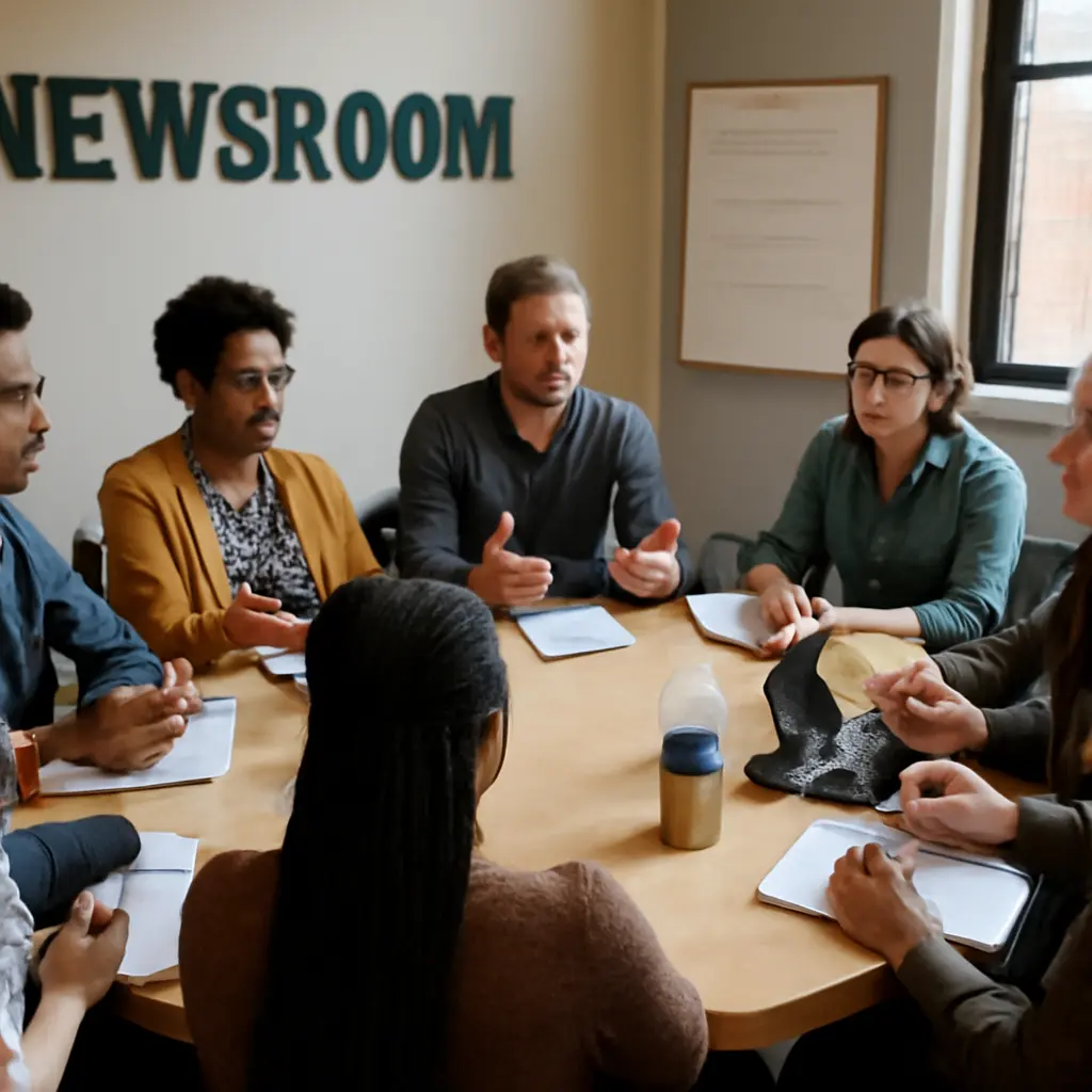 Journalists and community members collaborating around a table with notes and laptops