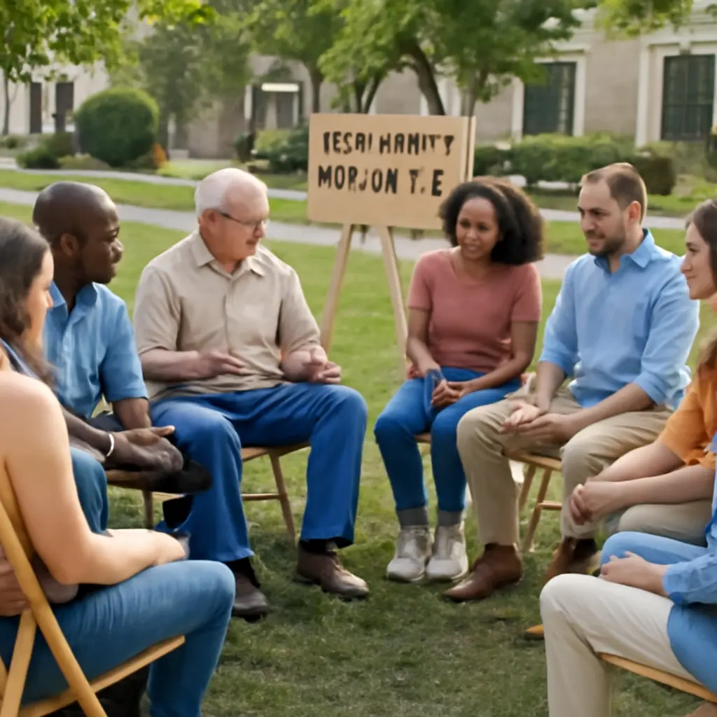 Police officer speaking with neighborhood residents at a community meeting