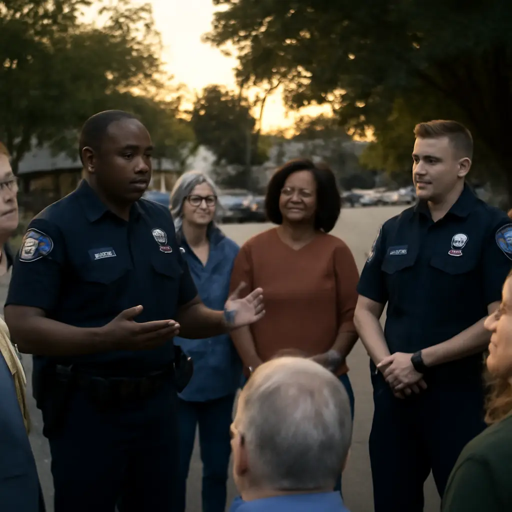 Police officers talking with residents in a neighborhood meeting