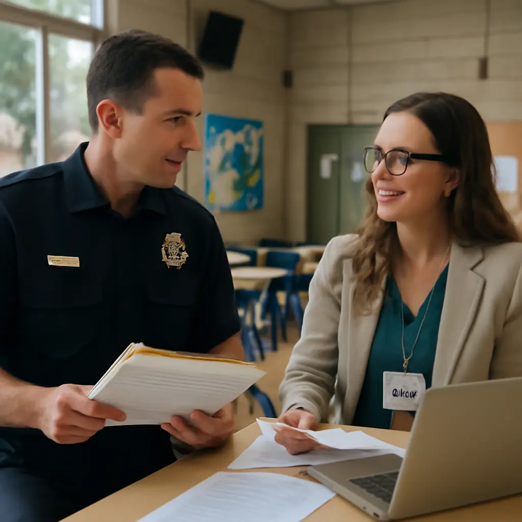 A police officer and a social worker coordinating at a community center