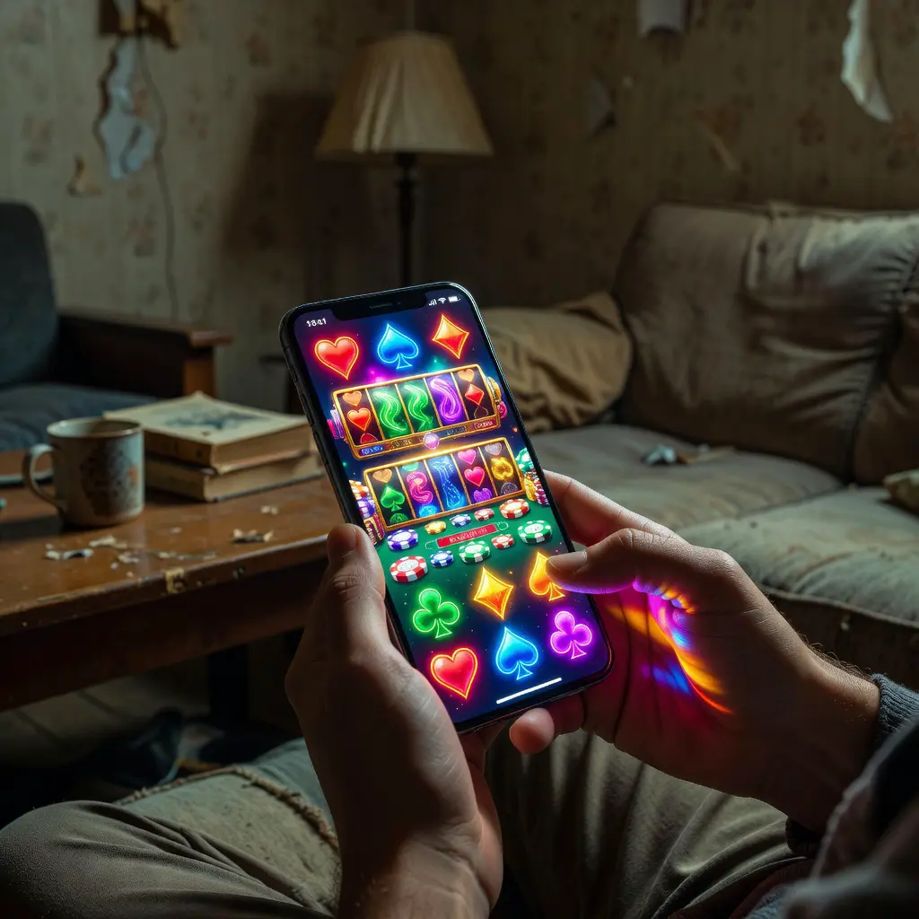 A smartphone displaying a colorful online casino app held in the hands of a person sitting in a modest, dimly lit room