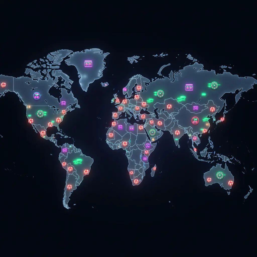 Abstract illustration of a digital world map showing scattered casino icons across different countries representing the fragmented global regulatory landscape