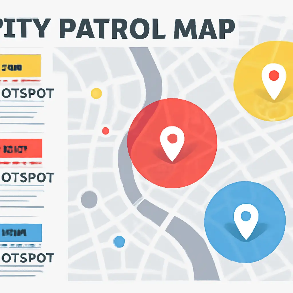 A map with patrol zones and data points showing hotspots
