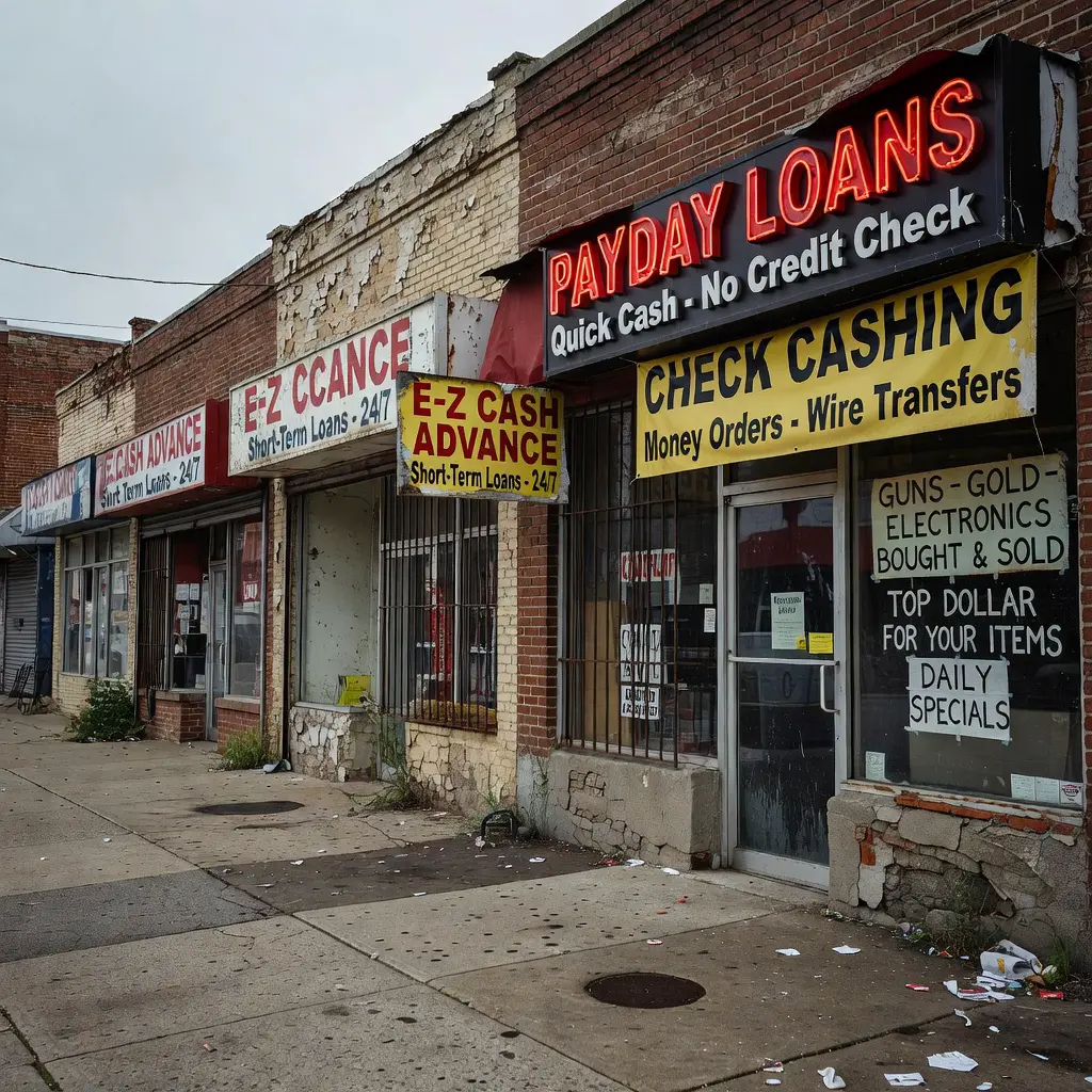 Predatory lending storefronts in urban neighborhood Row of payday lender, check cashing, and pawn shop storefronts clustered together on an urban street in a low-income area