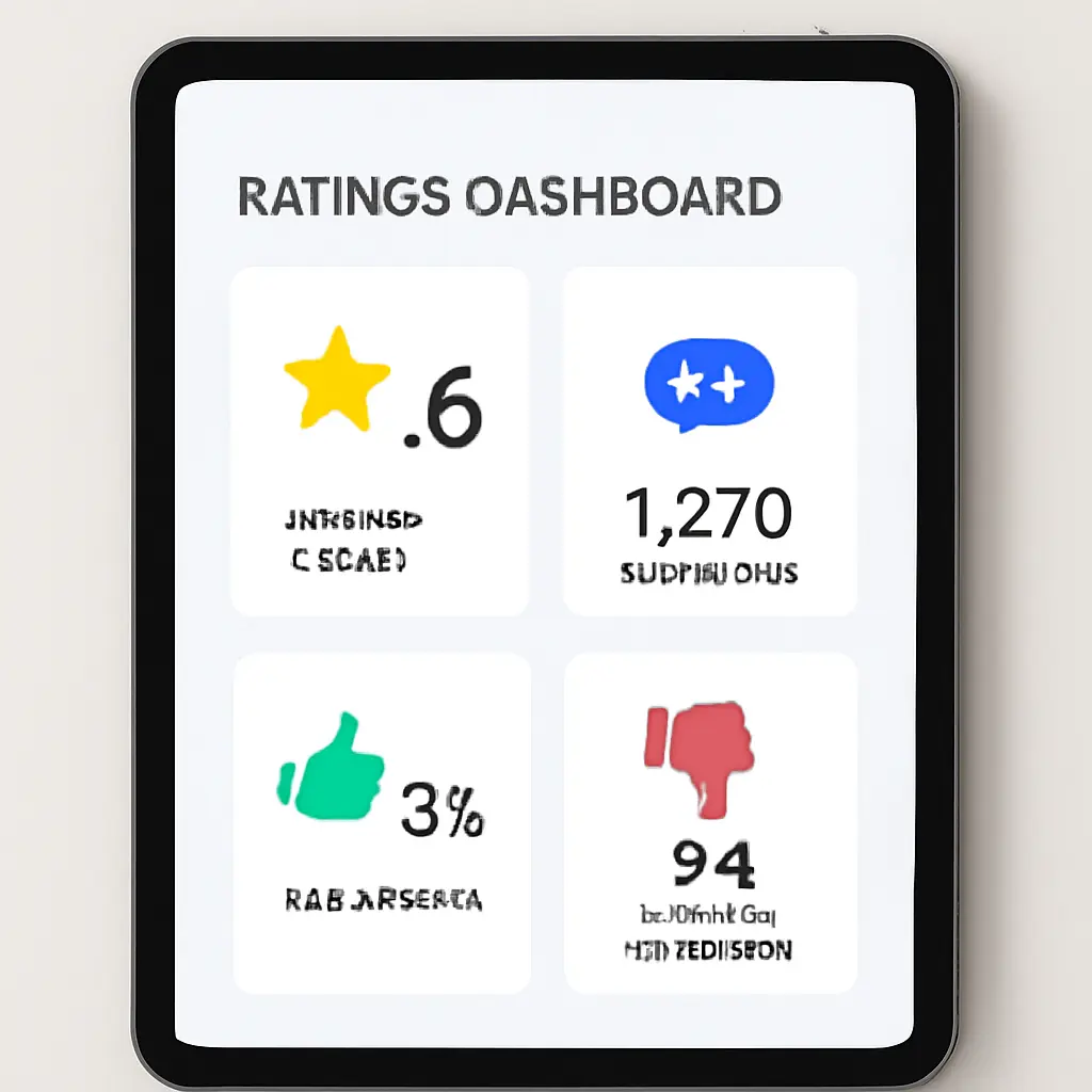 A tablet showing a transparent ratings dashboard with scorecards