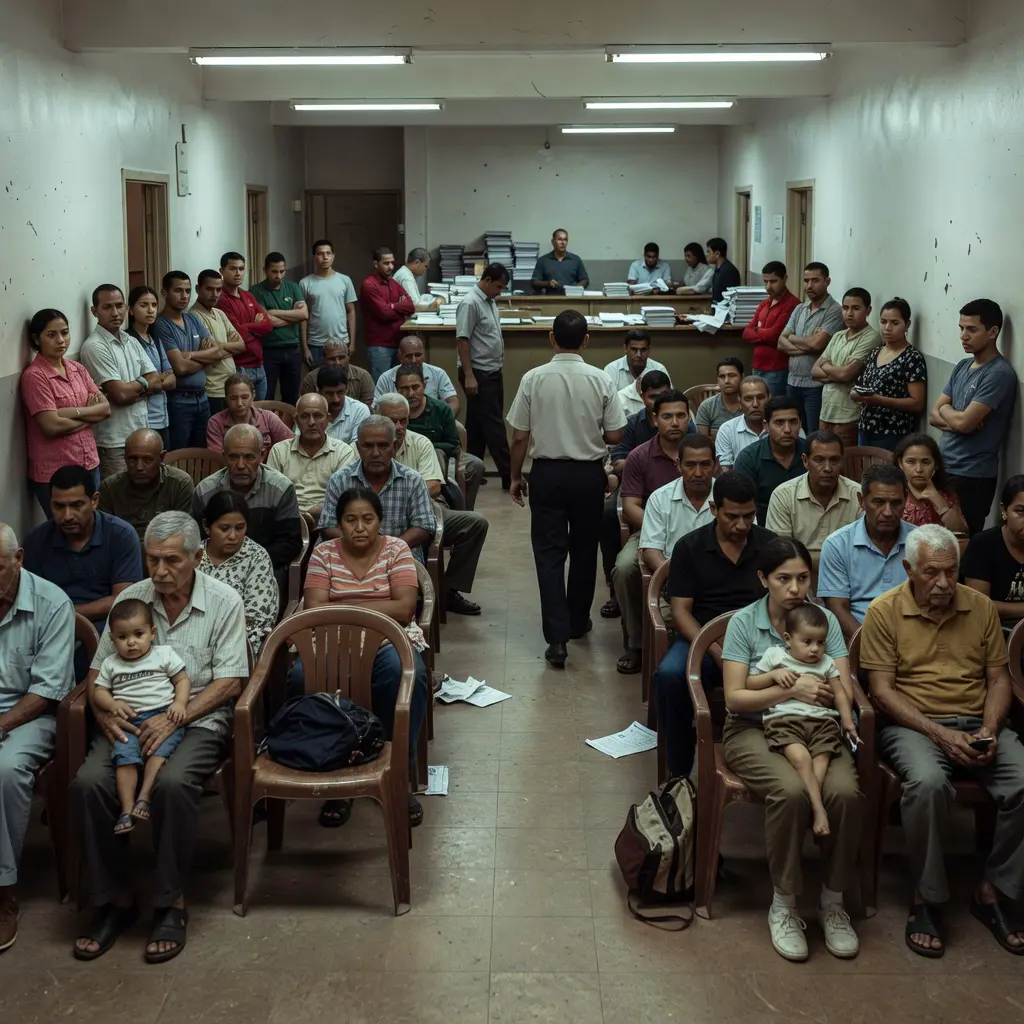 Strained social services from gambling expansion Illustration of an overcrowded social services waiting area symbolizing high public demand and overwhelmed community support infrastructure due to gambling-related harm